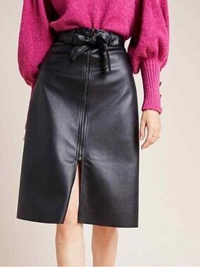 Bailey 44 Black Vegan Faux Leather Front Zip Belted Pencil Skirt